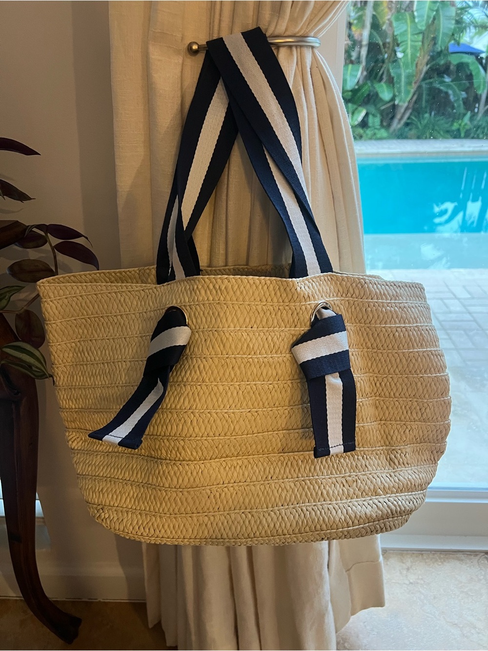 Mark & Graham Natural Straw Tote with Navy & White Straps